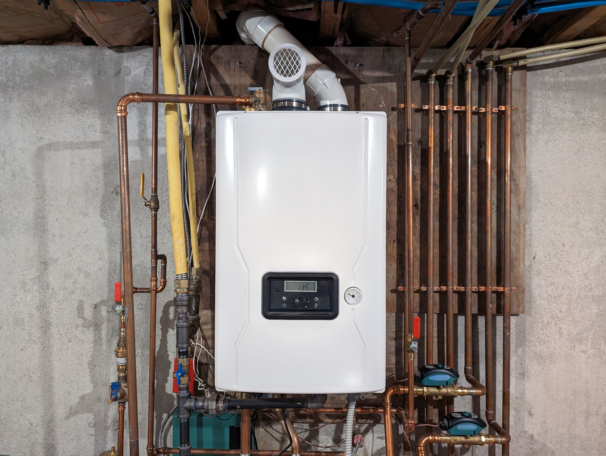 Straight-on color shot of a tankless combination water heater and boiler installed on a well-lit basement wall of a residential building.